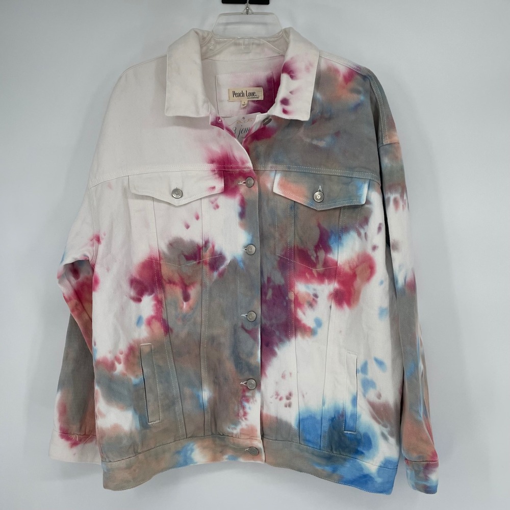 Peach Love California Tie Dye Denim Jacket Womens‎ Large Blue Pink White Cotton